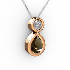 İkili Damla Kolye - Dumanlı kuvars ve pırlanta 18 ayar rose altın kolye (0.5 karat, 40 cm beyaz altın rolo zincir) #12g7x60