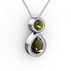 İkili Damla Kolye - Dumanlı kuvars ve peridot 925 ayar gümüş kolye (40 cm gümüş rolo zincir) #12qojpq