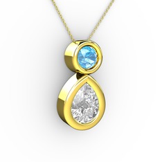 İkili Damla Kolye - Swarovski ve akuamarin 925 ayar altın kaplama gümüş kolye (40 cm altın rolo zincir) #12t71w6