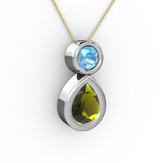 İkili Damla Kolye - Peridot ve akuamarin 14 ayar beyaz altın kolye (40 cm altın rolo zincir) #12vvedh