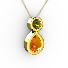 İkili Damla Kolye - Sitrin ve peridot 14 ayar altın kolye (40 cm altın rolo zincir) #12y2d66