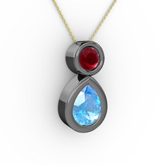 İkili Damla Kolye - Akuamarin ve kök yakut 925 ayar siyah rodyum kaplama gümüş kolye (40 cm altın rolo zincir) #13bu4fu