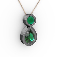 İkili Damla Kolye - Yeşil kuvars ve kök zümrüt 925 ayar siyah rodyum kaplama gümüş kolye (40 cm gümüş rolo zincir) #13cmndu