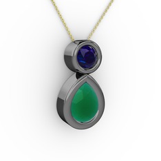 İkili Damla Kolye - Kök zümrüt ve lab safir 925 ayar siyah rodyum kaplama gümüş kolye (40 cm altın rolo zincir) #13ek1j3