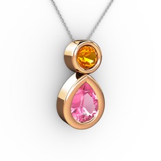 İkili Damla Kolye - Pembe kuvars ve sitrin 8 ayar rose altın kolye (40 cm gümüş rolo zincir) #13k0dl7