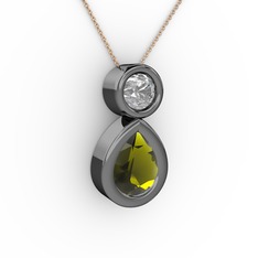 İkili Damla Kolye - Peridot ve swarovski 925 ayar siyah rodyum kaplama gümüş kolye (40 cm gümüş rolo zincir) #13k4i8