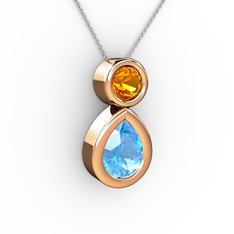 İkili Damla Kolye - Akuamarin ve sitrin 18 ayar rose altın kolye (40 cm beyaz altın rolo zincir) #13lmb59
