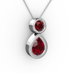 İkili Damla Kolye - Garnet 8 ayar beyaz altın kolye (40 cm beyaz altın rolo zincir) #13omdbx