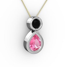 Pembe kuvars ve siyah zirkon 925 ayar gümüş kolye (40 cm altın rolo zincir)