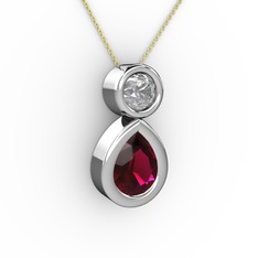 İkili Damla Kolye - Rodolit garnet ve beyaz zirkon 14 ayar beyaz altın kolye (40 cm altın rolo zincir) #14ajt0k