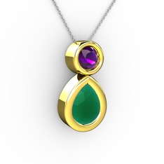 İkili Damla Kolye - Kök zümrüt ve ametist 925 ayar altın kaplama gümüş kolye (40 cm gümüş rolo zincir) #14dz96g