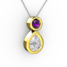 İkili Damla Kolye - Swarovski ve ametist 14 ayar altın kolye (40 cm beyaz altın rolo zincir) #14ggvno