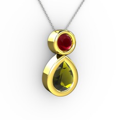İkili Damla Kolye - Peridot ve kök yakut 925 ayar altın kaplama gümüş kolye (40 cm gümüş rolo zincir) #14j0rkz