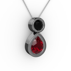 İkili Damla Kolye - Garnet ve siyah zirkon 925 ayar siyah rodyum kaplama gümüş kolye (40 cm beyaz altın rolo zincir) #14lhm97