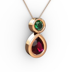 İkili Damla Kolye - Rodolit garnet ve yeşil kuvars 8 ayar rose altın kolye (40 cm rose altın rolo zincir) #14p0svh