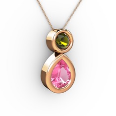 Pembe kuvars ve peridot 14 ayar rose altın kolye (40 cm rose altın rolo zincir)