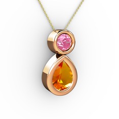 İkili Damla Kolye - Sitrin ve pembe kuvars 8 ayar rose altın kolye (40 cm altın rolo zincir) #14pjz8d