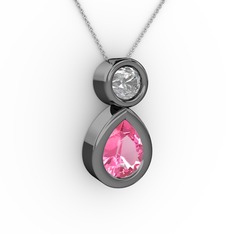 İkili Damla Kolye - Pembe kuvars ve pırlanta 925 ayar siyah rodyum kaplama gümüş kolye (0.5 karat, 40 cm beyaz altın rolo zincir) #14ql0md