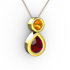 İkili Damla Kolye - Garnet ve sitrin 14 ayar altın kolye (40 cm gümüş rolo zincir) #14zomp1