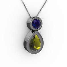 İkili Damla Kolye - Peridot ve lab safir 925 ayar siyah rodyum kaplama gümüş kolye (40 cm gümüş rolo zincir) #151sh4v