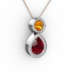 İkili Damla Kolye - Garnet ve sitrin 18 ayar beyaz altın kolye (40 cm rose altın rolo zincir) #157boaq