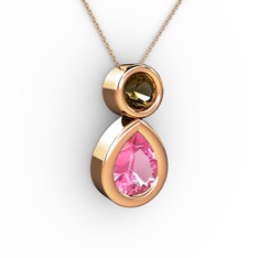 Pembe kuvars ve dumanlı kuvars 8 ayar rose altın kolye (40 cm rose altın rolo zincir)