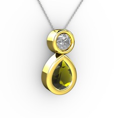 İkili Damla Kolye - Peridot ve beyaz zirkon 8 ayar altın kolye (40 cm beyaz altın rolo zincir) #159llhs