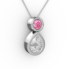 İkili Damla Kolye - Swarovski ve pembe kuvars 8 ayar beyaz altın kolye (40 cm beyaz altın rolo zincir) #15ezxhf
