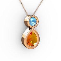 İkili Damla Kolye - Sitrin ve akuamarin 8 ayar rose altın kolye (40 cm rose altın rolo zincir) #162vhqb