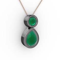 İkili Damla Kolye - Kök zümrüt 925 ayar siyah rodyum kaplama gümüş kolye (40 cm rose altın rolo zincir) #163wsfx
