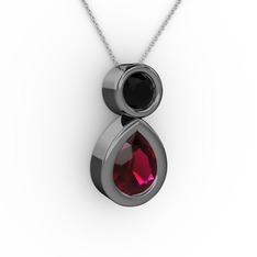 İkili Damla Kolye - Rodolit garnet ve siyah zirkon 925 ayar siyah rodyum kaplama gümüş kolye (40 cm gümüş rolo zincir) #16aqg5h