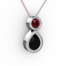 İkili Damla Kolye - Siyah zirkon ve garnet 18 ayar beyaz altın kolye (40 cm rose altın rolo zincir) #16fascp