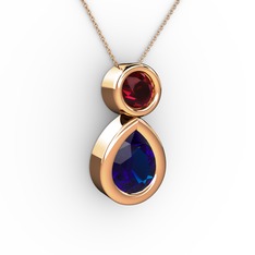 İkili Damla Kolye - Lab safir ve rodolit garnet 18 ayar rose altın kolye (40 cm rose altın rolo zincir) #17oisv0