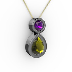 Peridot ve ametist 925 ayar siyah rodyum kaplama gümüş kolye (40 cm altın rolo zincir)