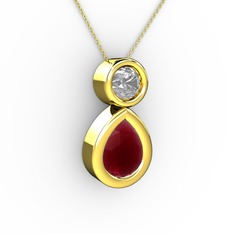 İkili Damla Kolye - Kök yakut ve pırlanta 8 ayar altın kolye (0.5 karat, 40 cm altın rolo zincir) #17x18p9