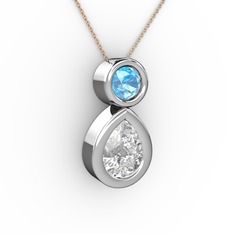 Swarovski ve akuamarin 8 ayar beyaz altın kolye (40 cm rose altın rolo zincir)
