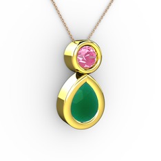 İkili Damla Kolye - Kök zümrüt ve pembe kuvars 18 ayar altın kolye (40 cm rose altın rolo zincir) #1831ra2