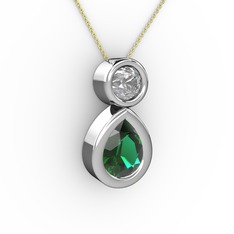 İkili Damla Kolye - Yeşil kuvars ve swarovski 14 ayar beyaz altın kolye (40 cm altın rolo zincir) #183btzx