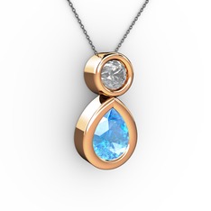 İkili Damla Kolye - Akuamarin ve pırlanta 8 ayar rose altın kolye (0.5 karat, 40 cm gümüş rolo zincir) #18k42nc