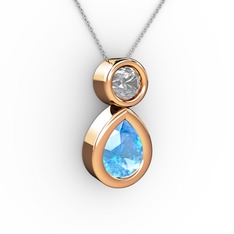 İkili Damla Kolye - Akuamarin ve swarovski 8 ayar rose altın kolye (40 cm beyaz altın rolo zincir) #18mlh90