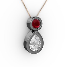 İkili Damla Kolye - Swarovski ve kök yakut 925 ayar siyah rodyum kaplama gümüş kolye (40 cm gümüş rolo zincir) #18n64g