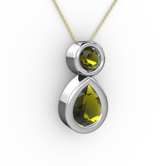 İkili Damla Kolye - Peridot 14 ayar beyaz altın kolye (40 cm altın rolo zincir) #18o5x7i