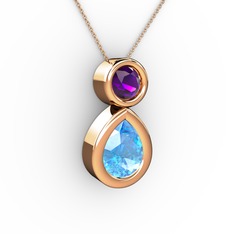 İkili Damla Kolye - Akuamarin ve ametist 14 ayar rose altın kolye (40 cm rose altın rolo zincir) #18qr18l