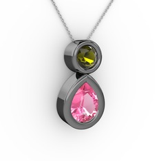 İkili Damla Kolye - Pembe kuvars ve peridot 925 ayar siyah rodyum kaplama gümüş kolye (40 cm beyaz altın rolo zincir) #1933air