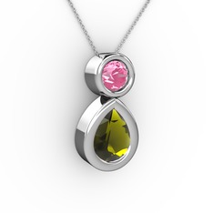 İkili Damla Kolye - Peridot ve pembe kuvars 14 ayar beyaz altın kolye (40 cm beyaz altın rolo zincir) #19bu6u8