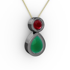 Kök zümrüt ve kök yakut 925 ayar siyah rodyum kaplama gümüş kolye (40 cm altın rolo zincir)