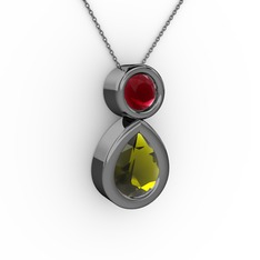 Peridot ve kök yakut 925 ayar siyah rodyum kaplama gümüş kolye (40 cm gümüş rolo zincir)