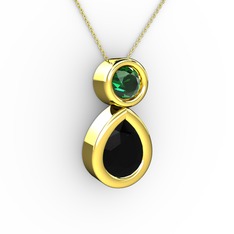 İkili Damla Kolye - Siyah zirkon ve yeşil kuvars 18 ayar altın kolye (40 cm gümüş rolo zincir) #19ghgjk