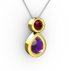 İkili Damla Kolye - Ametist ve garnet 14 ayar altın kolye (40 cm beyaz altın rolo zincir) #19x7hw6