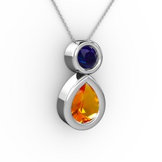 İkili Damla Kolye - Sitrin ve lab safir 925 ayar gümüş kolye (40 cm beyaz altın rolo zincir) #1abyh8c